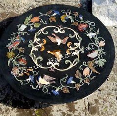 Black Marble Coffee Table Top Handmade Semi Precious Stone Birds Inlay Marquetry Art Home Decor Collectible Furniture Gift For Her Unique Handicrafts IND