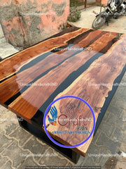 Black Epoxy Resin wooden Table / Natural Wood Handmade Farmhouse & Home Decor Furniture with Stand Unique Handicrafts IND
