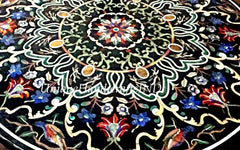 Round Black Marble Coffee Table Top Semi Precious Inlay Pietradura Floral Inlay art Work Living Room Table For Home Decor Unique Handicrafts IND