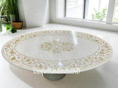 Oval Marble Dining Table Top with Mother of Pearl Stone Inlay Work Table Floral Design Home Decor Furniture Unique Handicrafts IND