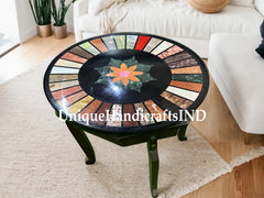 Living Room Coffee Table With Black Marble & Semi Precious Mosaic Inlay Floral Art Handmade Home Decor Furniture Unique Handicrafts IND