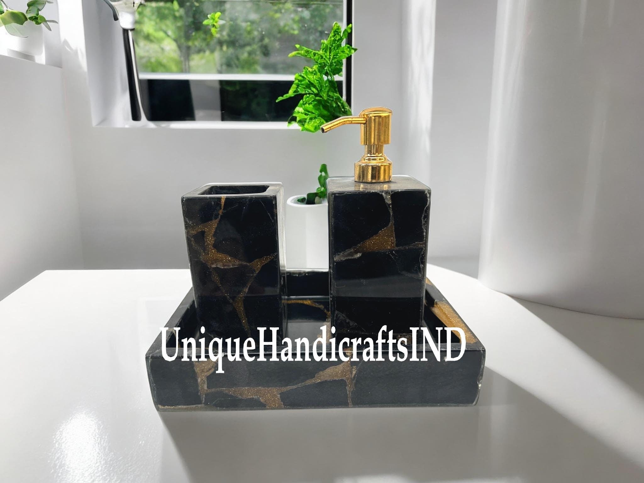 Bathroom Set 3 pcs With Black Obsidian stone Decorative Bathroom Accessories - Luxury Full Bathroom Set - Black Bathroom Decor Set Unique Handicrafts IND