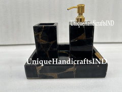 Bathroom Set 3 pcs With Black Obsidian stone Decorative Bathroom Accessories - Luxury Full Bathroom Set - Black Bathroom Decor Set Unique Handicrafts IND