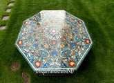 Green Marble Coffee Table Top Lapis Lazuli Semi Precious Stone Inlay Floral Art Decor Living Room Furniture Unique Handicrafts IND