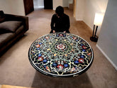 Round Black Marble Coffee Table Top Semi Precious Inlay Pietradura Floral Inlay art Work Living Room Table For Home Decor Unique Handicrafts IND