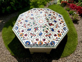 White Marble Coffee Table Top With Lapis Lazuli & Carnelian Marquetry Inlay Semi precious Floral Arts Mid Century Furniture Unique Handicrafts IND