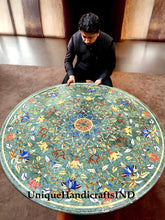 Green Marble Round Center Table Top Lapis lazuli Floral Fine Semi Precious Inlay Stone Pietra Dura Art Handmade Furniture Unique Handicrafts IND