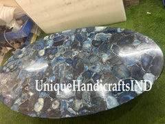 Blue Agate Oval Table Top, Blue Agate Gemstones Table Top, Coffee Table, Dining Table, Centre Table Top, Countertop Dining Room Furniture Unique Handicrafts IND