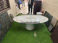 Oval Marble Dining Table Top with Mother of Pearl Stone Inlay Work Table Floral Design Home Decor Furniture Unique Handicrafts IND