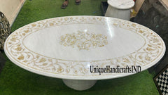 Oval Marble Dining Table Top with Mother of Pearl Stone Inlay Work Table Floral Design Home Decor Furniture Unique Handicrafts IND