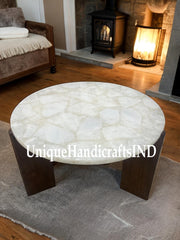 White Quartz Coffee Table with wooden legs 16" tall Unique Handicrafts IND