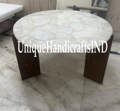 White Quartz Coffee Table with wooden legs 16" tall Unique Handicrafts IND