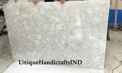 Rectangular White Quartz Table Tops, Stone Kitchen Island Countertop Slab for Home, Custom Office Meeting Desk Luxury Modern Interiors Unique Handicrafts IND