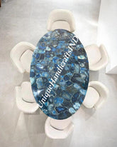 Blue Agate Oval Table Top, Blue Agate Gemstones Table Top, Coffee Table, Dining Table, Centre Table Top, Countertop Dining Room Furniture Unique Handicrafts IND