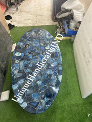 Blue Agate Oval Table Top, Blue Agate Gemstones Table Top, Coffee Table, Dining Table, Centre Table Top, Countertop Dining Room Furniture Unique Handicrafts IND