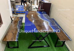 Epoxy Table Top / Wooden Epoxy Dining Table Top / Blue Ocean River Epoxy Table / Rectangular wood table Handmade rustic end tables Unique Handicrafts IND