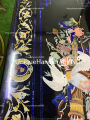 Black Marble Coffee Table Top Handmade Lapis Inlay Semi Precious Pigeon Pietradura Floral Design Handmade Dining Room Decor Furniture Unique Handicrafts IND