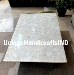 Rectangular White Quartz Table Tops, Stone Kitchen Island Countertop Slab for Home, Custom Office Meeting Desk Luxury Modern Interiors Unique Handicrafts IND