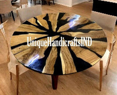 Round Epoxy Resin Table Top, Black Epoxy Center Table, Epoxy Resin River Table, Natural Wooden Epoxy Table Handmade Living Room Furniture Unique Handicrafts IND