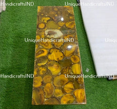 Console Table With Yellow Agate Stone, Handcrafted Sofa Table, Farmhouse Table, Accent Handmade Furniture Kitchen Countertops Slab Unique Handicrafts IND