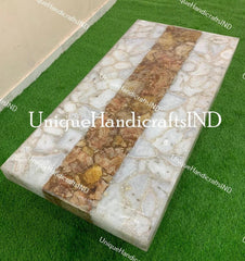 White Quartz Table , Quartz with golden Petrified Strip / Stone Coffee Table , Dinning Table Top, Countertop Slab Handmade Furniture Decor Unique Handicrafts IND