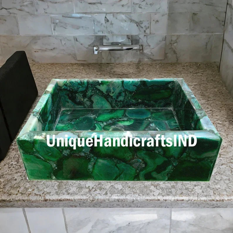 Bathroom & Kitchen Sink/ Wash Basin Handicraft Semiprecious Stones Green Natural Agate Handmade Art Bathroom Decor Interior Unique Handicrafts IND
