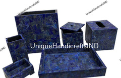 Bathroom Set Lapis Lazuli Marble Bathroom Accessories Set of 7 pcs / Soap Dispenser / Trash Bin / Soap Dish / Vanity Tray / Tissue Box Unique Handicrafts IND