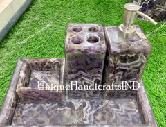 Bathroom Set / Amethyst Stones Bathroom Vanity Accessories/ Amethyst bathroom Set of 4 pcs/ Bathroom Vanity Home decor Unique Handicrafts IND