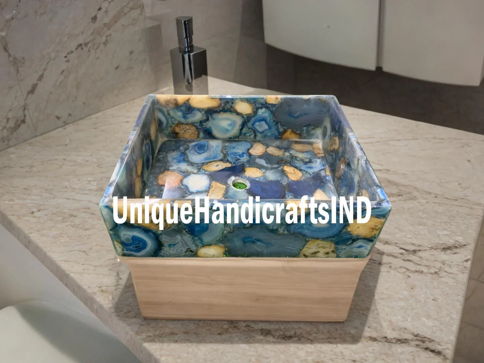 Blue Agate Wash basin Sink Natural Agate Stone Handmade /stone basin /Kitchen & bathroom Accessories/bathroom Decor/ Blue and Tan Agate Mix Unique Handicrafts IND