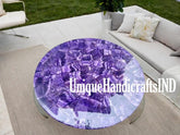 Round Stone Table Top With Amethyst Semi Precious Stone, Living Room Round Tabletop, Gemstone Table Handmade Furniture For Home Decor Unique Handicrafts IND
