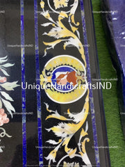 Black Marble Coffee Table Top Handmade Lapis Inlay Semi Precious Pigeon Pietradura Floral Design Handmade Dining Room Decor Furniture Unique Handicrafts IND