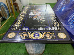 Black Marble Coffee Table Top Handmade Lapis Inlay Semi Precious Pigeon Pietradura Floral Design Handmade Dining Room Decor Furniture Unique Handicrafts IND