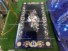 Black Marble Coffee Table Top Handmade Lapis Inlay Semi Precious Pigeon Pietradura Floral Design Handmade Dining Room Decor Furniture Unique Handicrafts IND