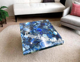 Stone Coffee Table With Natural Blue Agate Mosaic Gemstone Arts Square Handmade Garden Furniture Gifts For Her Wedding Unique Handicrafts IND