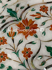 Marble Coffee Table Top Carnelian & Malachite Semi precious Gemstones Pietradura Floral Handmade Arts Mid Century Modern Furniture Unique Handicrafts IND