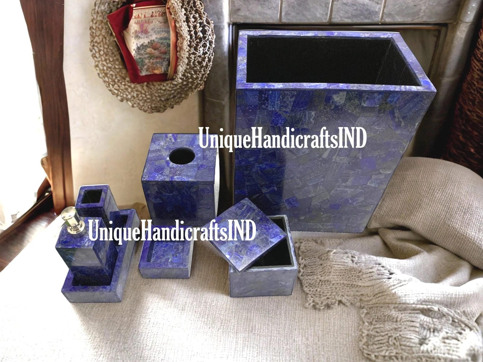 Lapis Lazuli Stone Bathroom Set - 7 Pieces Luxury Bathroom Accessories Unique Handicrafts IND