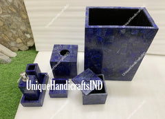 Bathroom Accessories Set, 7 Piece Lapis Lazuli Bathroom Set, Tooth Brush Holder, Soap Dispenser, Tissue Box, Bathroom Decor Unique Handicrafts IND