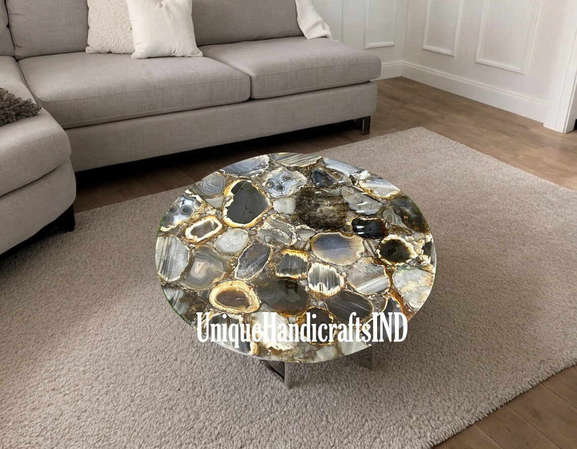 Elegant Stone Coffee Table Top, Round Natural Agate Table Top, Natural Agate Stones Side Table Top Handmade Furniture Unique Handicrafts IND