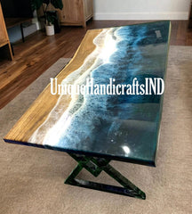 Live Edge Resin Table, Ocean Resin River Table, Ocean Epoxy Dining Table, Ocean Wave Custom Made Coffee, Dining, Sofa Table Unique Handicrafts IND