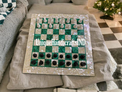 Christmas Gifts Chess And Draughts Set With Malachite & Mother of Pearls Stone Mosaic Arts/ Marble Chess Pieces Father's Day Gift Unique Handicrafts IND