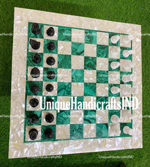 Christmas Gifts Chess And Draughts Set With Malachite & Mother of Pearls Stone Mosaic Arts/ Marble Chess Pieces Father's Day Gift Unique Handicrafts IND