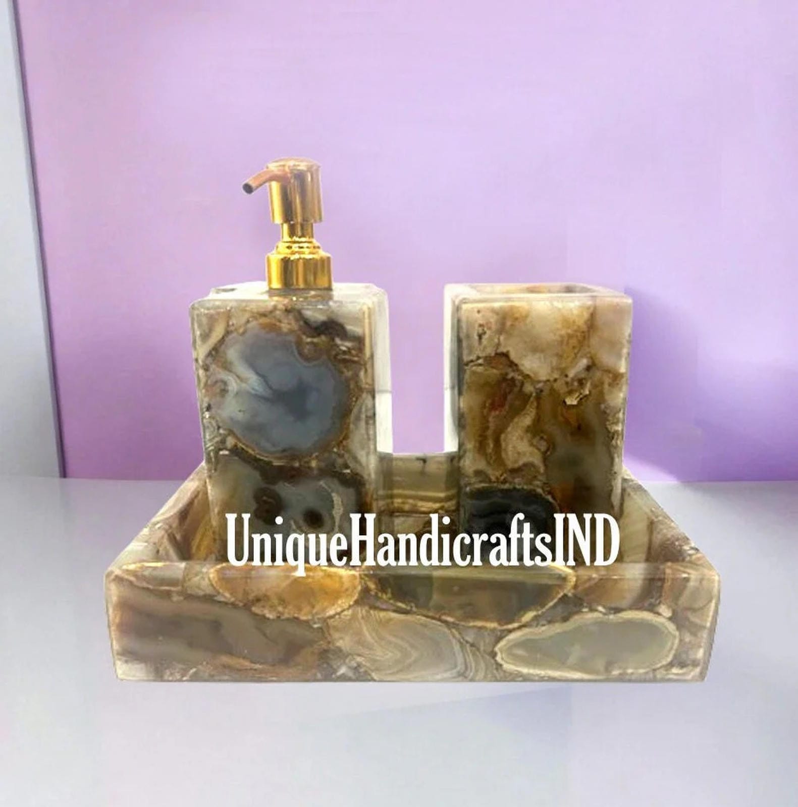 Bathroom set in Elegant Natural Wild Agate Stone Arts 3 Pcs Bathroom accessories For Gifts Her Unique Handicrafts IND