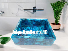Washbasin With Blue Agate Gemstone Art ,Mid Century Antique Countertop Basin sink For Bathroom & Farmhouse Decor Interior Unique Handicrafts IND