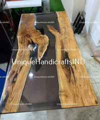 Epoxy Dining Table With Black Tint Resin Arts / Epoxy Table Top Handmade Resin River Table for Farmhouse and Kitchen Countertop Decor Unique Handicrafts IND