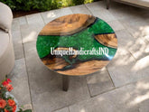 Round Table With Green Epoxy Resin River Art / Bistro Table / Restaurant Table / Natural Wood Walnut Table Garden Decor Furniture Unique Handicrafts IND