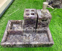 Bathroom Set / Amethyst Stones Bathroom Vanity Accessories/ Amethyst bathroom Set of 4 pcs/ Bathroom Vanity Home decor Unique Handicrafts IND