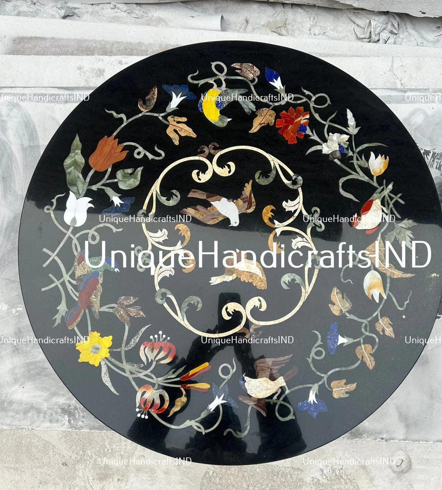 Black Marble Coffee Table Top Handmade Semi Precious Stone Birds Inlay Marquetry Art Home Decor Collectible Furniture Gift For Her Unique Handicrafts IND