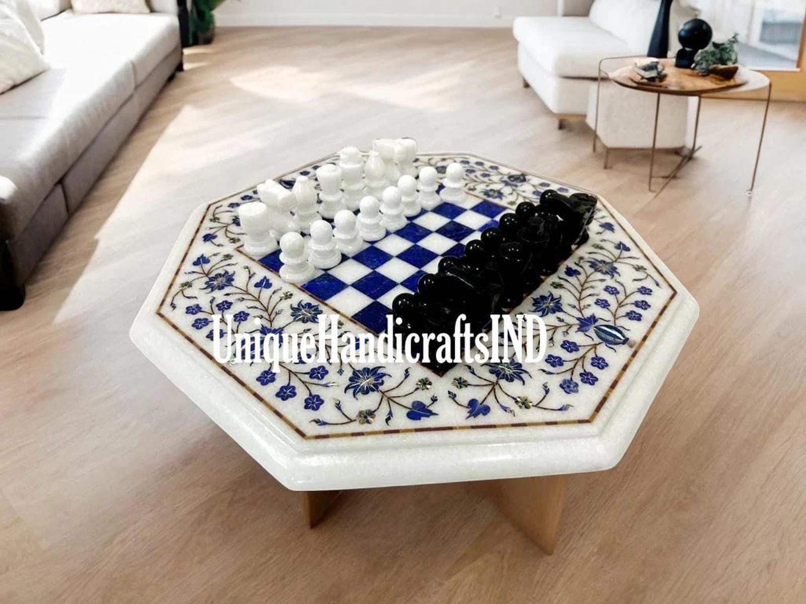 Christmas Gifts Chess Table White Marble Hand Made Chess Set Pieces Board Game With lapis lazuli Inlay Floral Art Best Fathers Day Gift Unique Handicrafts IND