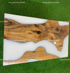 Resin Epoxy Table Top With White Epoxy on Acacia Wood, Dining Table, Live Edge Wooden Table, Resin River Table ( Customizable) Unique Handicrafts IND