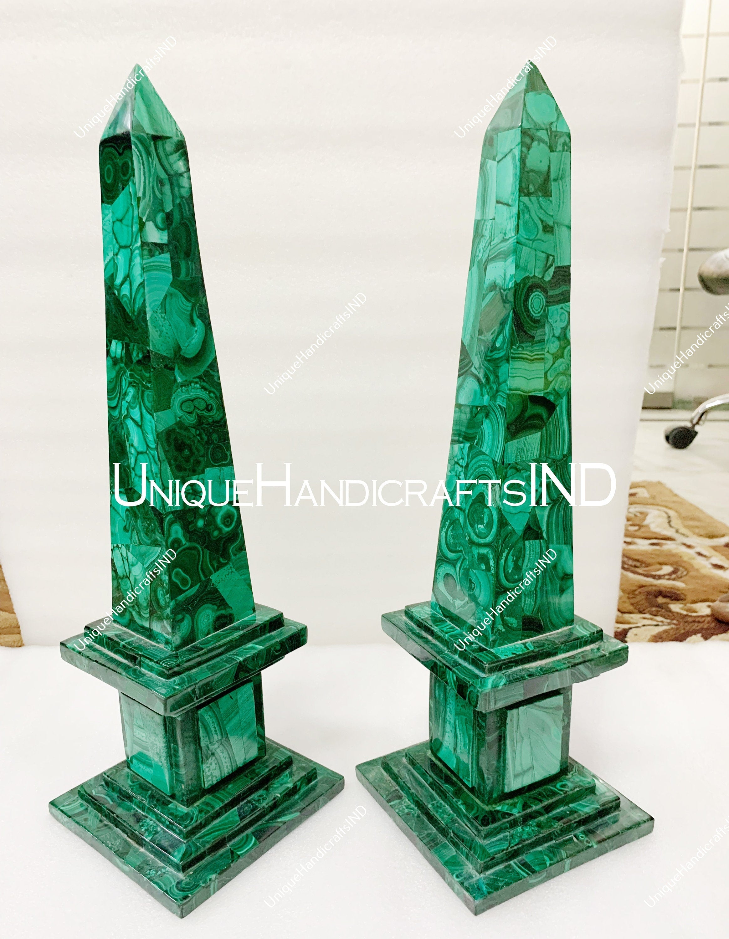 Malachite Obelisks Set Of 2 Pair / Handmade Overlay Design Art / Handmade Marble Obelisk / Showpiece Living Room Decor Unique Handicrafts IND